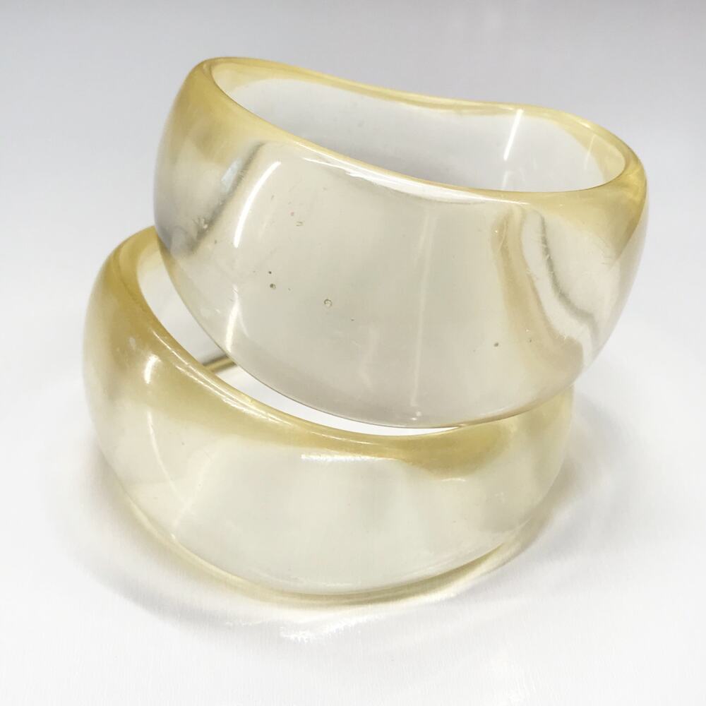 Vintage Clear Transparent Lucite Oversized Wide Bangle Set 2 Glow Runway Chunky